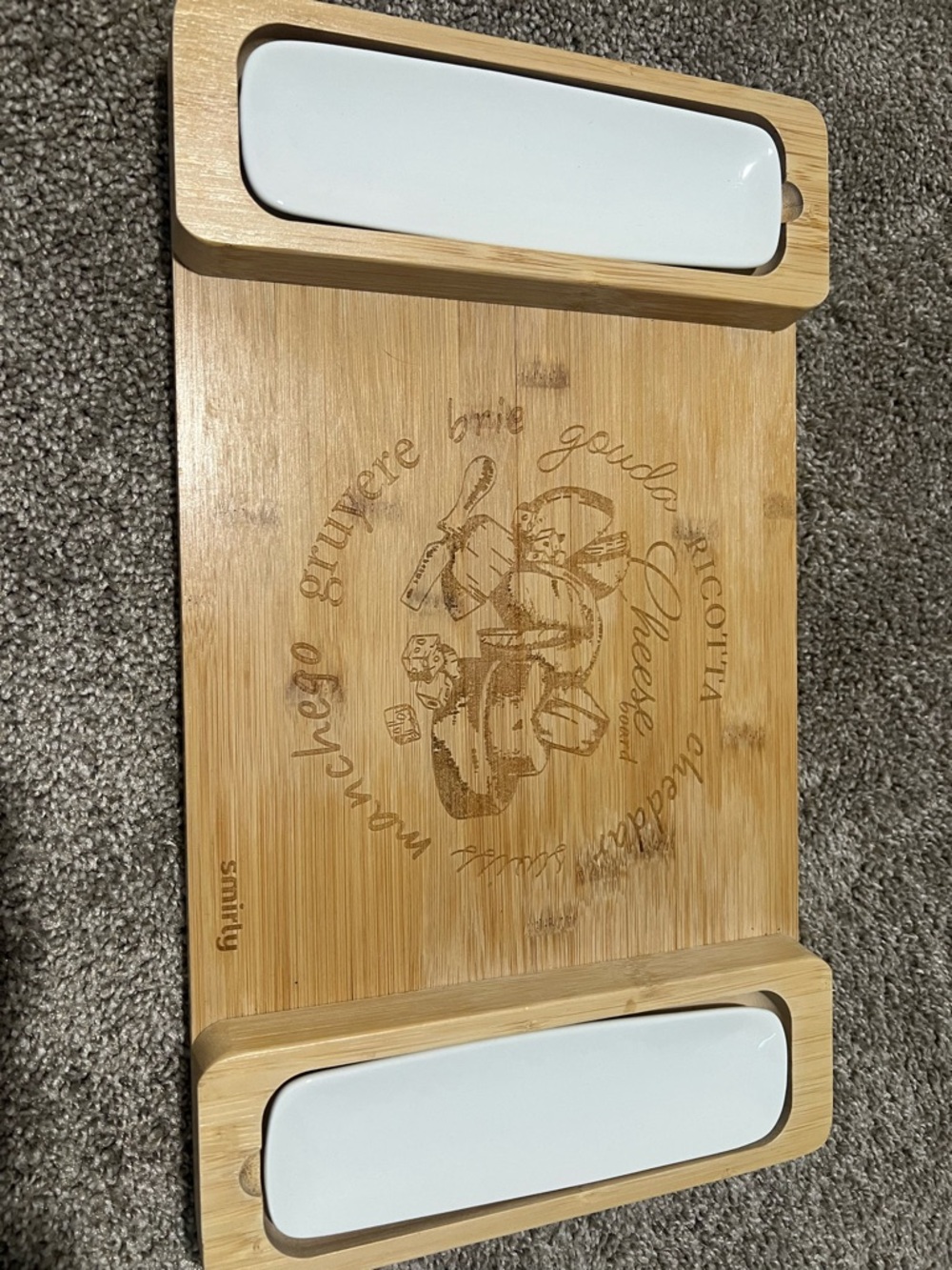 Smirly Small Bamboo Cheese Charcuterie Board with White Ceramic Dishes